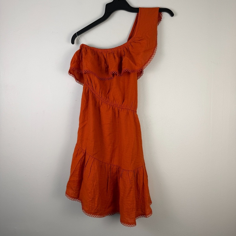 Bar III One-Shoulder Mini Dress Women's Small Burnt Orange Tiered Ruffle Hem